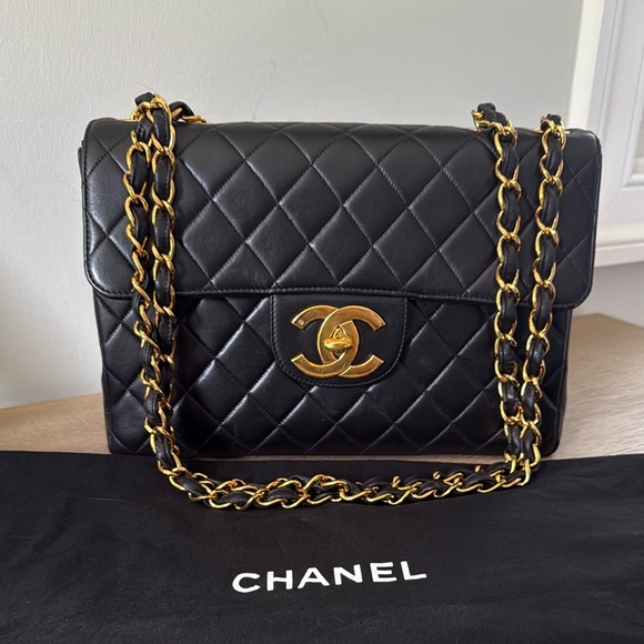 Vintage Black Jumbo Chanel Classic Flap Lambskin with 24K Gold Hardware - Picture 1 of 11